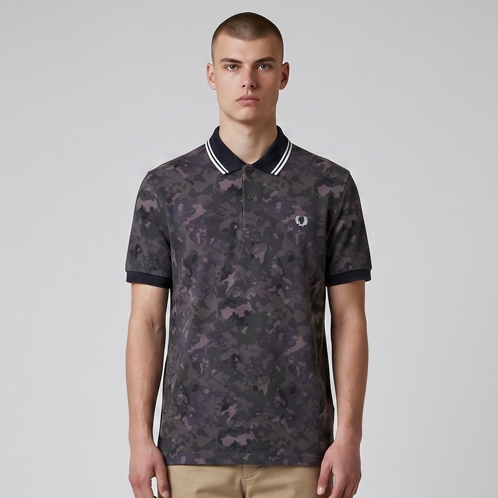 Fred Perry Polo Shirt Mens 42 Black Plum NEW Overdyed Camo M3101 Short Sleeve